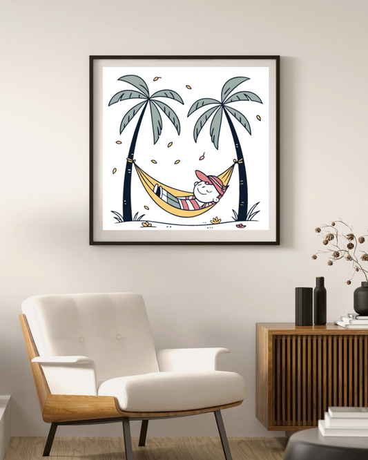 Cadre illustré avec garçon relaxant sous palmier style évasion tropicale