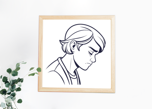 Cadre avec dessin numérique de garçon pensif dans un style éducatif moderne