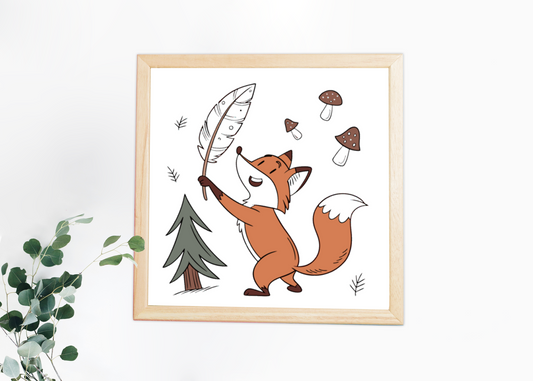 Cadre vibrant avec renard joyeux style doodle apportant une touche forêt