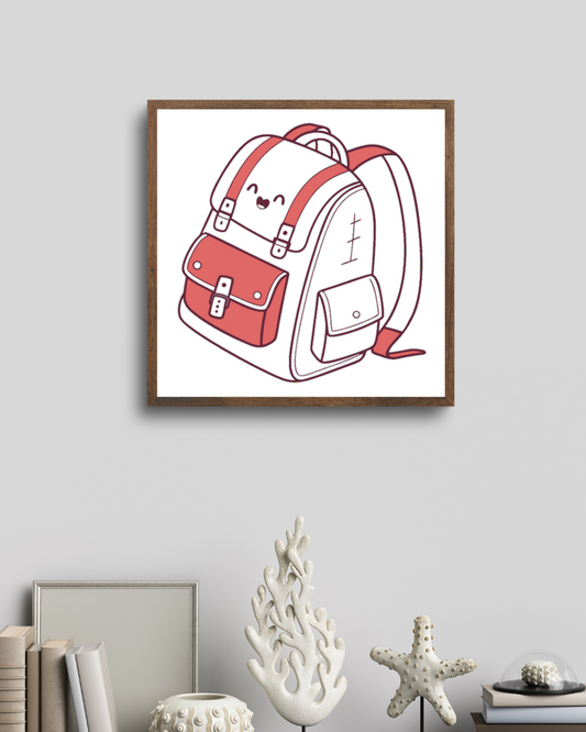 Cadre avec icône minimaliste d'un sac à dos joyeux pour une déco créative