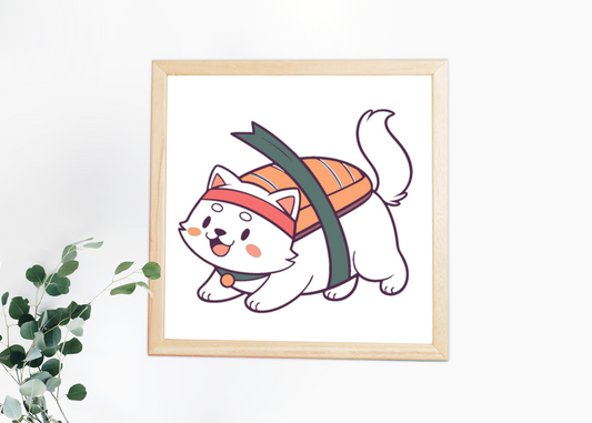 Cadre mural kawaii avec chiot en forme de sushi sur fond pastel lumineux
