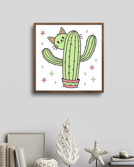 Cadre décoratif avec chaton espiègle style doodle niché dans un cactus attrayant