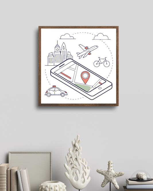 Cadre avec motif de carte de smartphone en style linéaire sur le thème du voyage