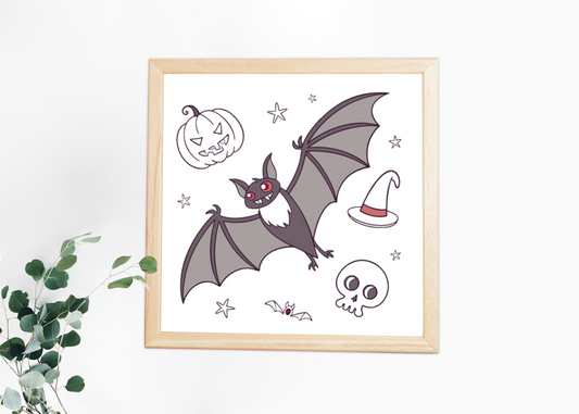 Cadre avec chauve-souris souriante, ambiance Halloween, décor enchanté