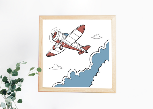 Cadre décoratif avec un avion en vol dans un style vectoriel épuré axé aventure