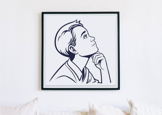 Cadre éducatif avec illustration d'un garçon rêveur style numérique élégant