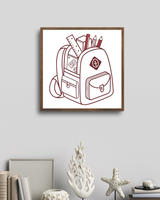 Cadre moderne avec motif de cartable minimaliste pour une déco scolaire tendance