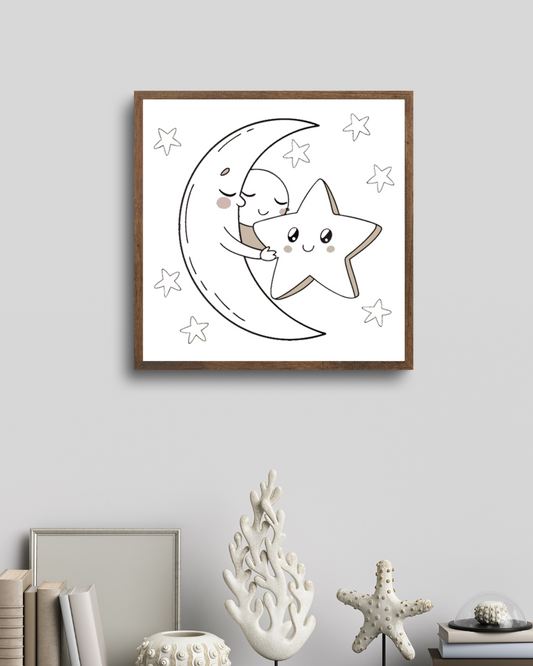 Dessin encadré de lune et étoile, idéal pour décoration murale.
