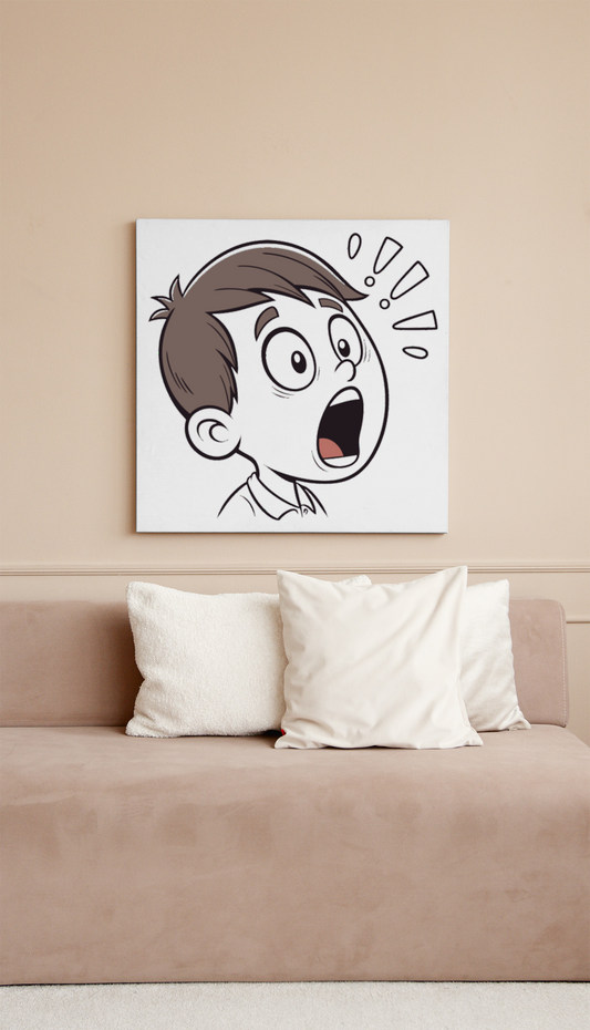 Cadre avec garçon surpris dessinée, style moderne, dégageant une émotion expressive