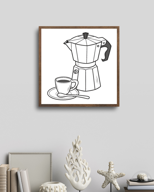 Cadre avec cafetière classique et tasse, design monochrome idéal pour ambiance matinale