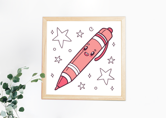 Cadre décoratif avec stylo kawaii et étoiles pour une touche éducative amusante