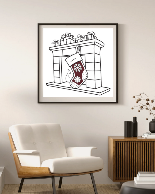 Cadre avec chaussette vintage festive devant un feu pour une décoration de Noël