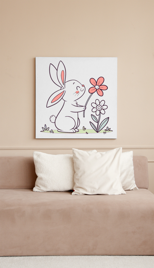 Cadre décoratif avec charmant lapin portant une fleur, ambiance printanière douce
