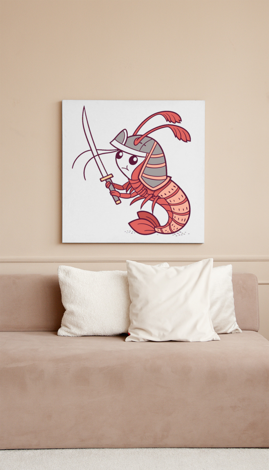 Cadre marin stylisé avec crevette samouraï courageux, ambiance aventure authentique