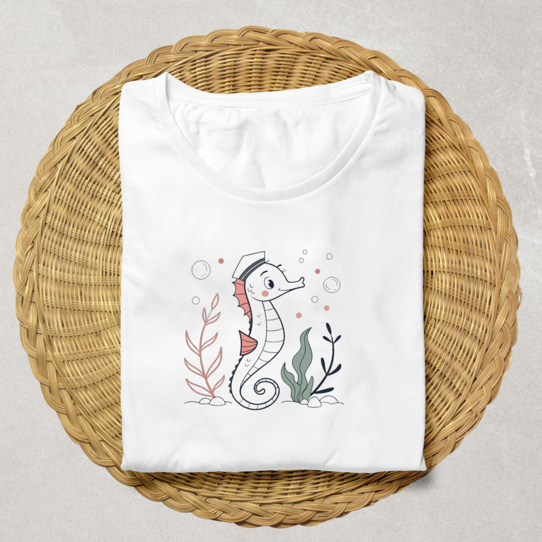 T-shirt avec hippocampe pastel, style marin et aventure, parfait pour explorer