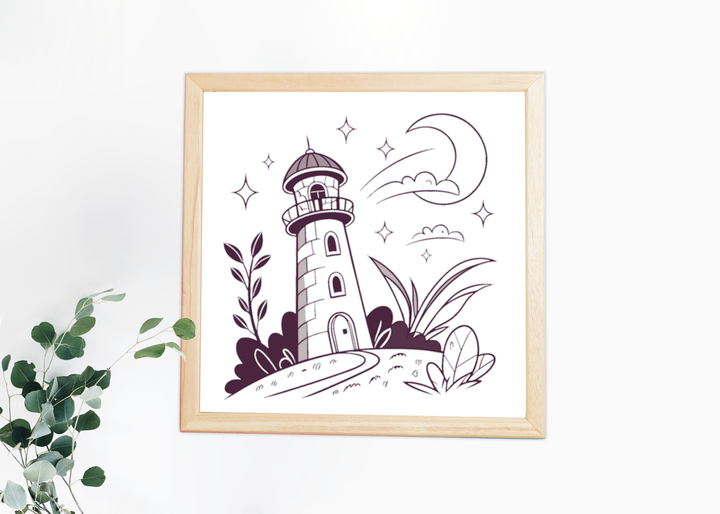 Cadre avec illustration minimaliste de phare éclairé sous un ciel de lune paisible