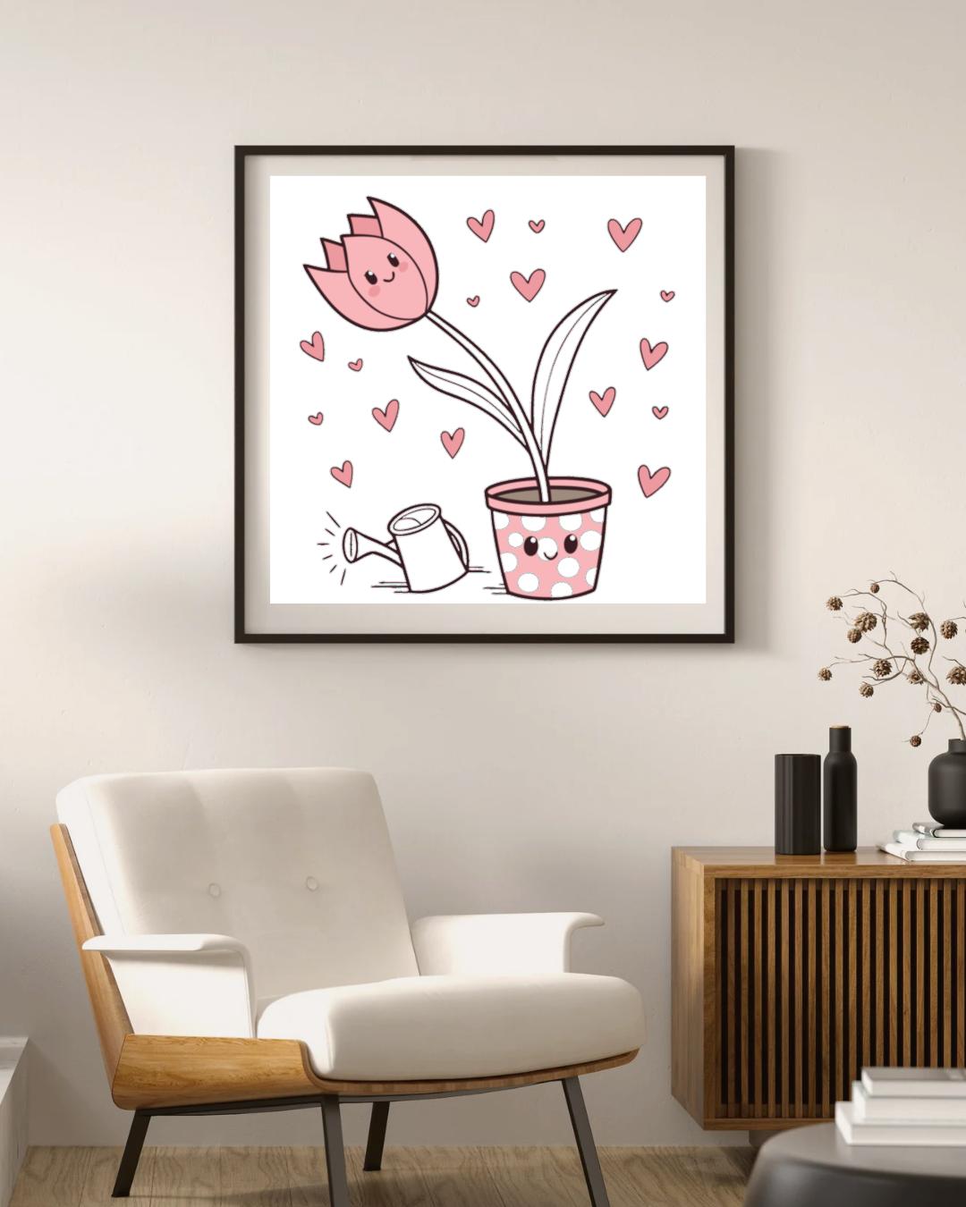 Cadre décoratif avec tulipe kawaii dans pot à pois pour ambiance Love Garden