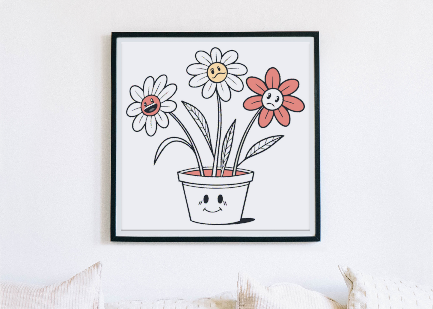 Cadre avec fleurs animées dans un pot style doodle pour une déco enfantine