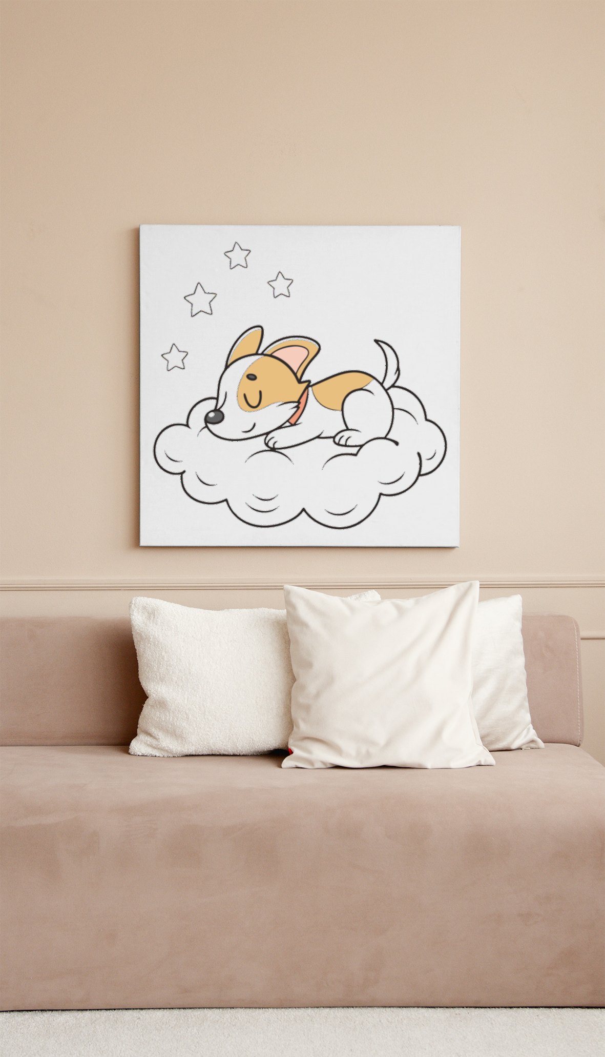 Cadre avec chiot pastel rêveur sur nuage pour une ambiance adorable
