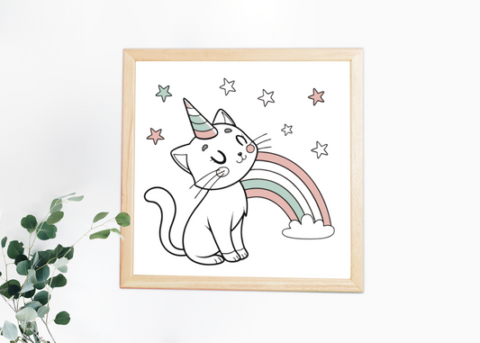 Cadre décoratif avec chat-licorne rêveur sur fond pastel céleste enchanteur