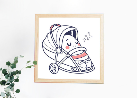 Cadre enfantin avec bébé endormi kawaii pour une décoration douce et apaisante