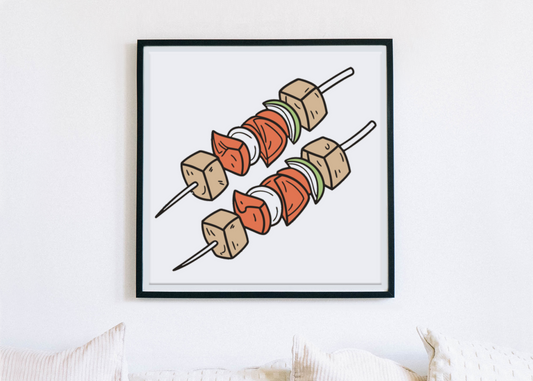 Cadre décoratif avec motif estival de brochettes gourmandes dans un style moderne