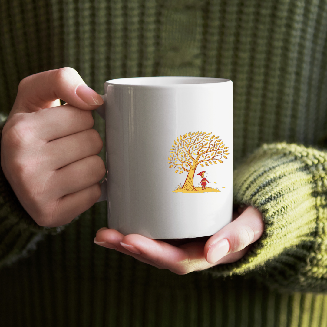 Mug en céramique avec un dessin d’automne d’enfant rêveur sous un arbre