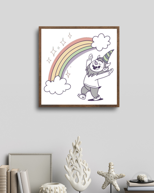 Cadre avec lutin coloré sous un arc-en-ciel dans un style cartoon fantaisie magique