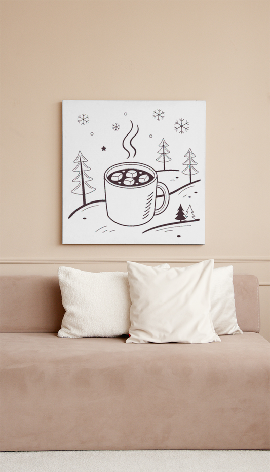Cadre avec icône chocolat chaud neigeux, style hiver cosy vectoriel