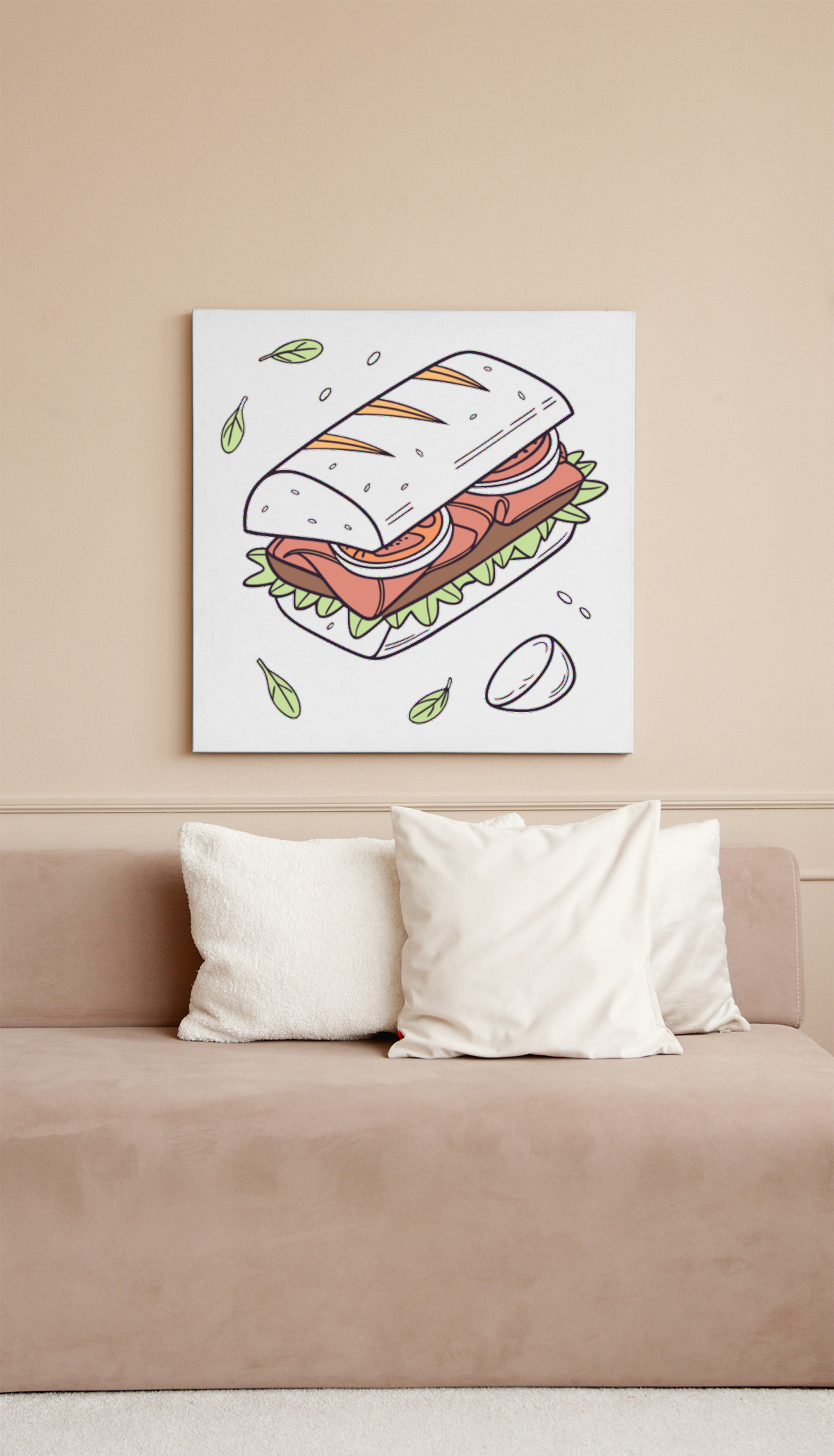 Cadre moderne avec motif doodle d'un sandwich flottant, idéal pour cuisine créative