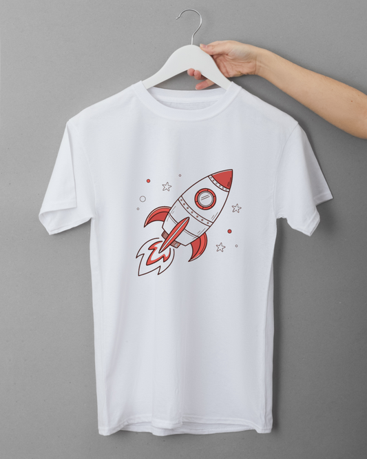 T-shirt avec fusée rétro stylisée pour une aventure cosmique vibrante