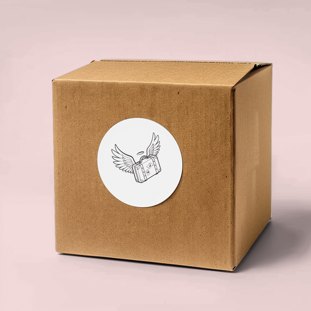 Sticker dynamique avec valise ailée en vol style aventure céleste