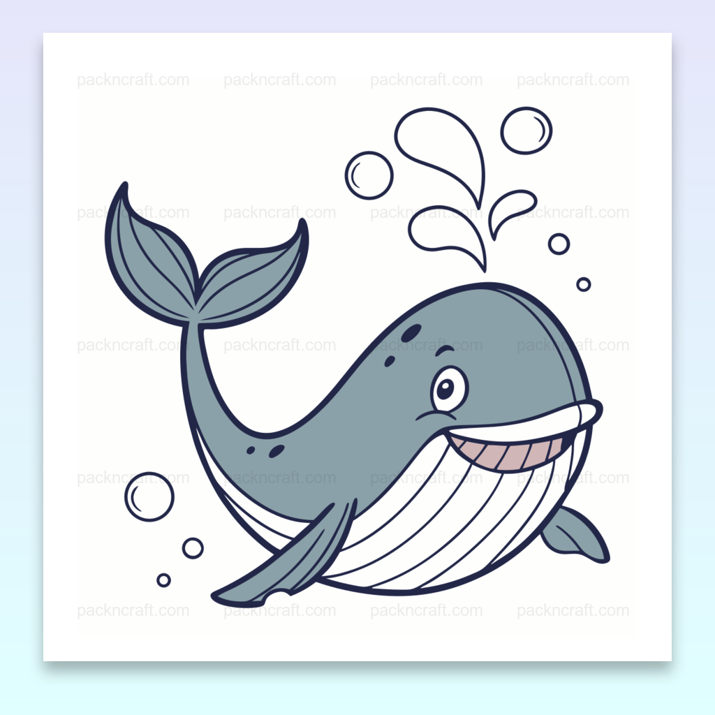 Illustration de baleine joyeuse en style doodle, adaptée pour projets DIY et déco.