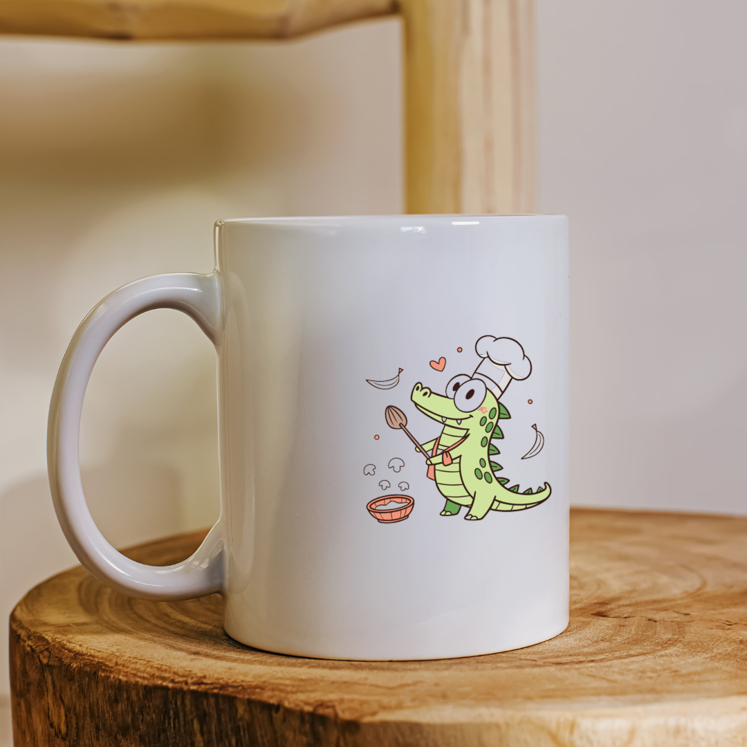Mug avec crocodile souriant en chef, ambiance cuisine créative, art coloré