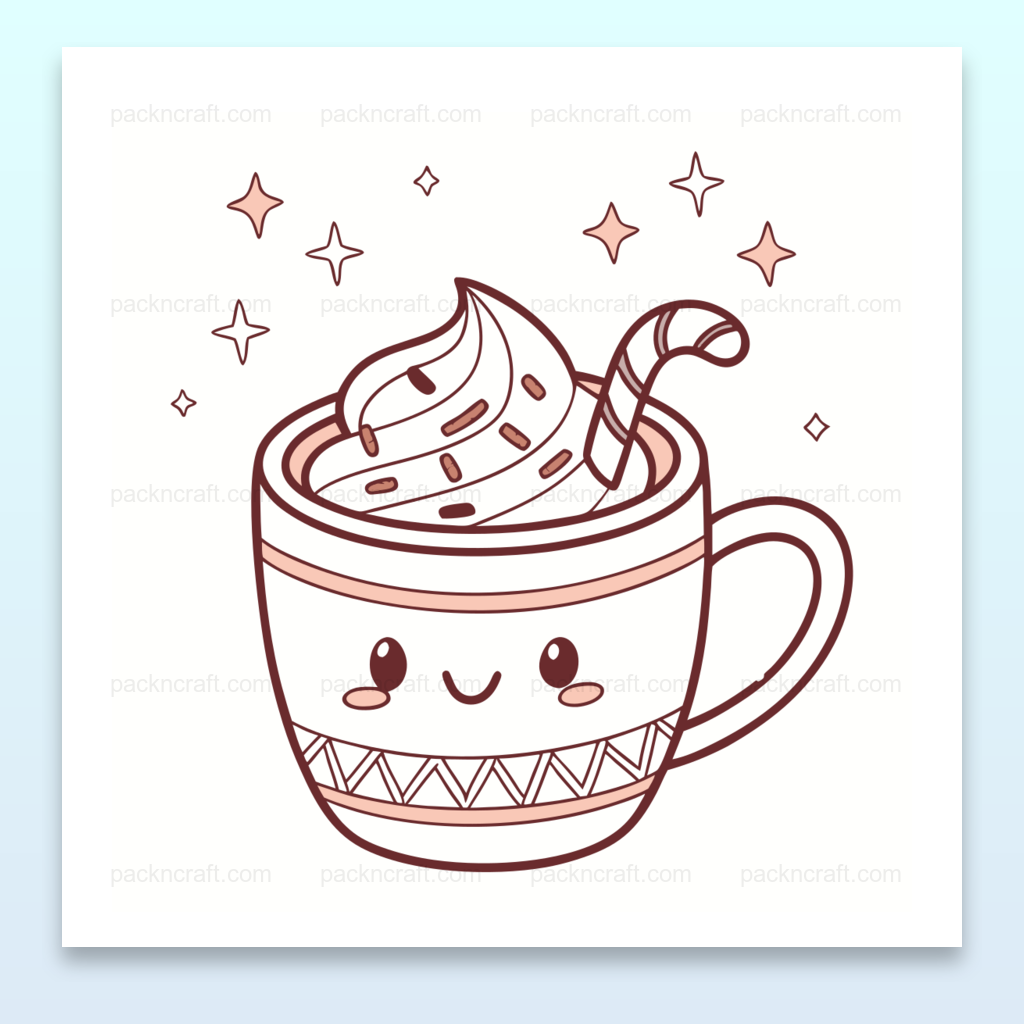 Illustration kawaii de chocolat chaud avec sourire, idéale pour papeterie créative.