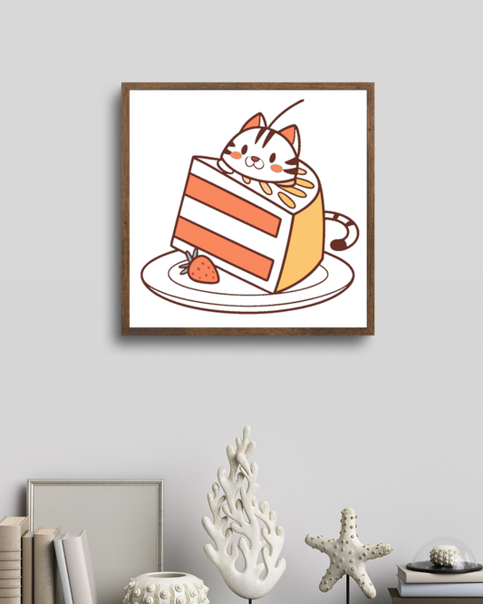 Cadre avec icône kawaii d'un chat joueur dans un gâteau pour fête gourmande