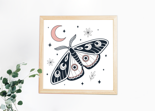 Cadre décoratif avec papillon stylisé sur fond céleste, parfait pour votre déco