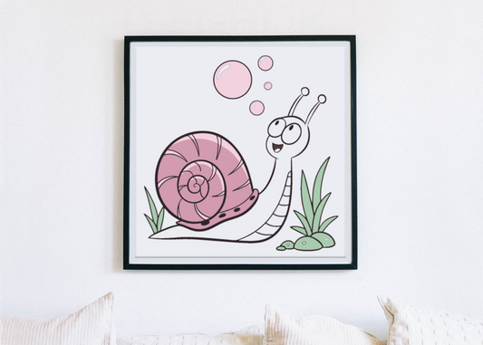 Cadre décoratif jardin en pastel avec escargot joyeux soufflant des bulles