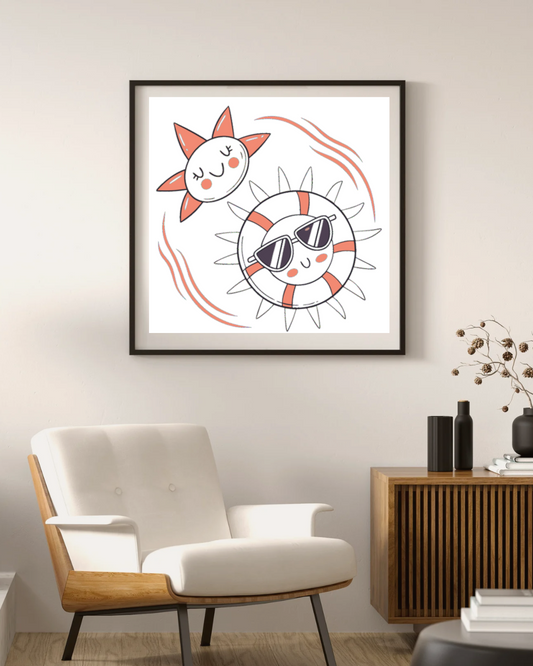 Cadre estival affichant un soleil souriant avec lunettes dans un style pastel apaisant