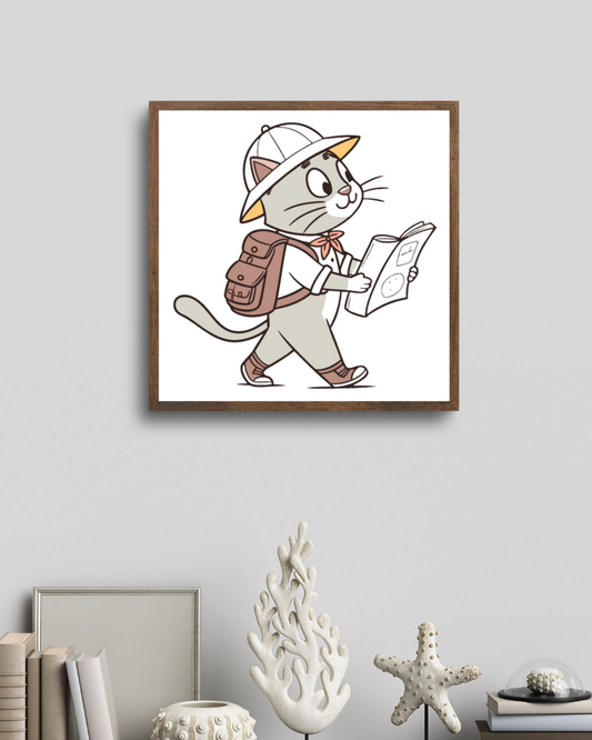 Cadre décoratif avec chat vintage en aventure lecture ambiance rétro et éducative