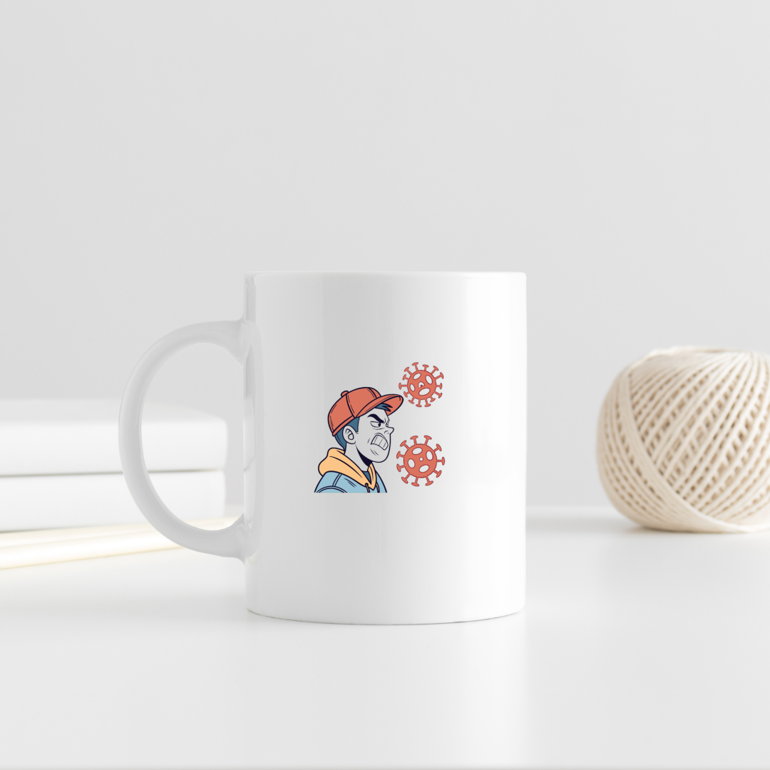 Mug avec iconographie d'un adolescent en colère contre les virus