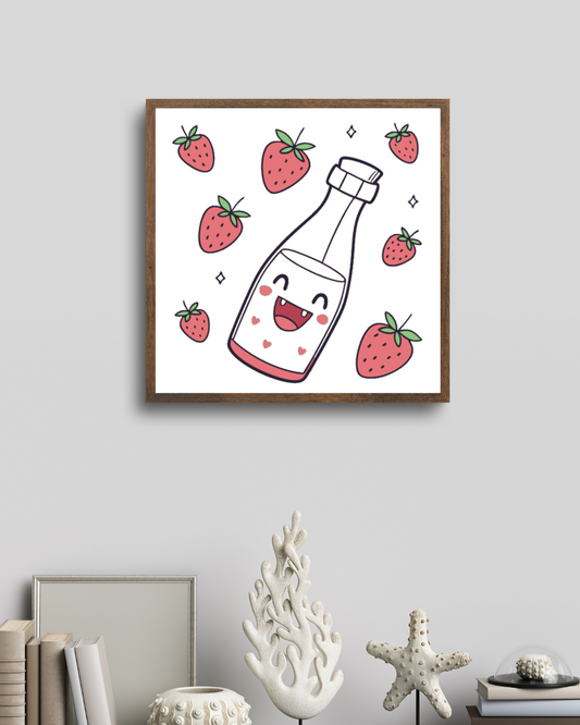 Cadre décoratif avec une bouteille joyeuse et des fraises au style kawaii fruité