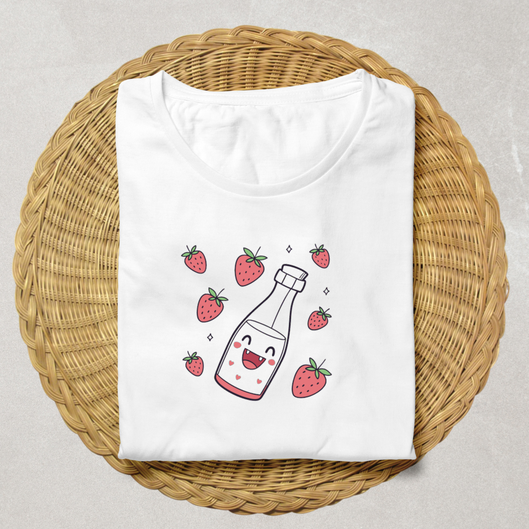 T-shirt avec motif kawaii fraisier souriant dans un style fruité et lumineux