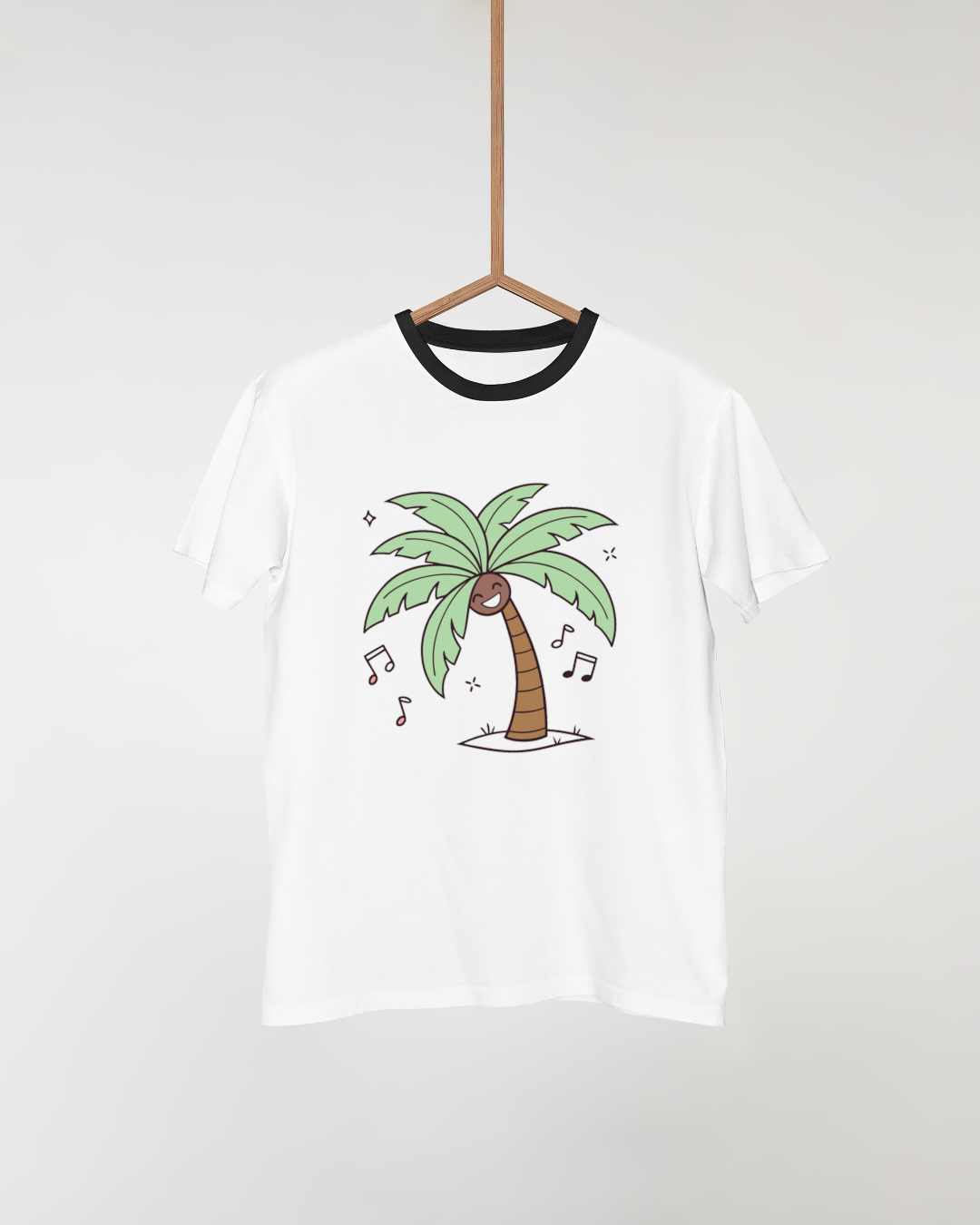 T-shirt tropical avec palmier joyeux style doodle pour une évasion colorée