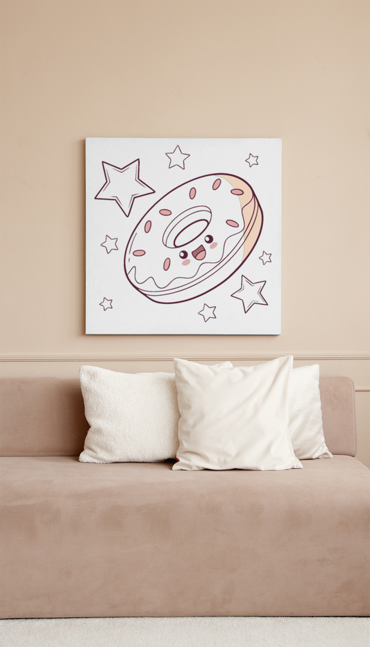 Cadre décoratif avec donut kawaii volant sur fond de ciel étoilé magique