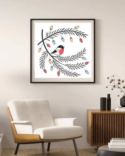 Cadre avec oiseau festif et lumières de Noël aux tons pastel pour décoration murale