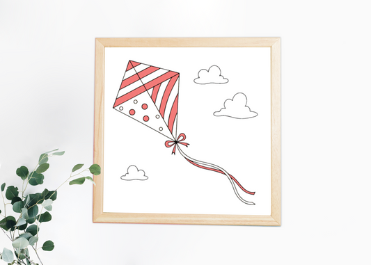 Cadre affichant un cerf-volant coloré sous un ciel estival avec nuances pastel