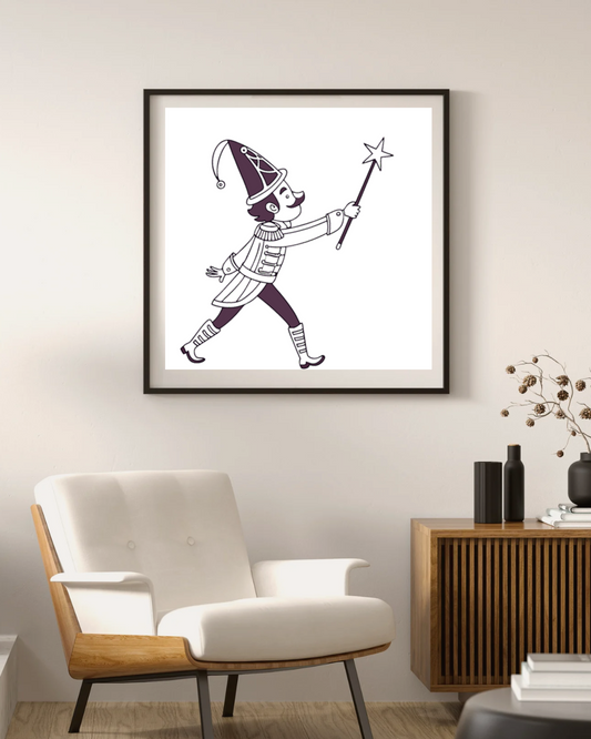 Cadre avec sorcier joyeux en style monochrome pour une ambiance magique