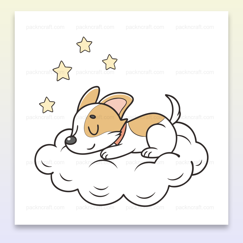Illustration d'un chiot sur un nuage avec étoiles, usage en papeterie et déco.