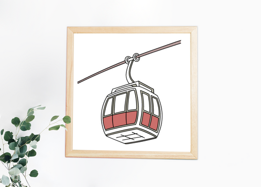 Cadre décoratif avec télécabine stylisée en mouvement sur fond de montagnes